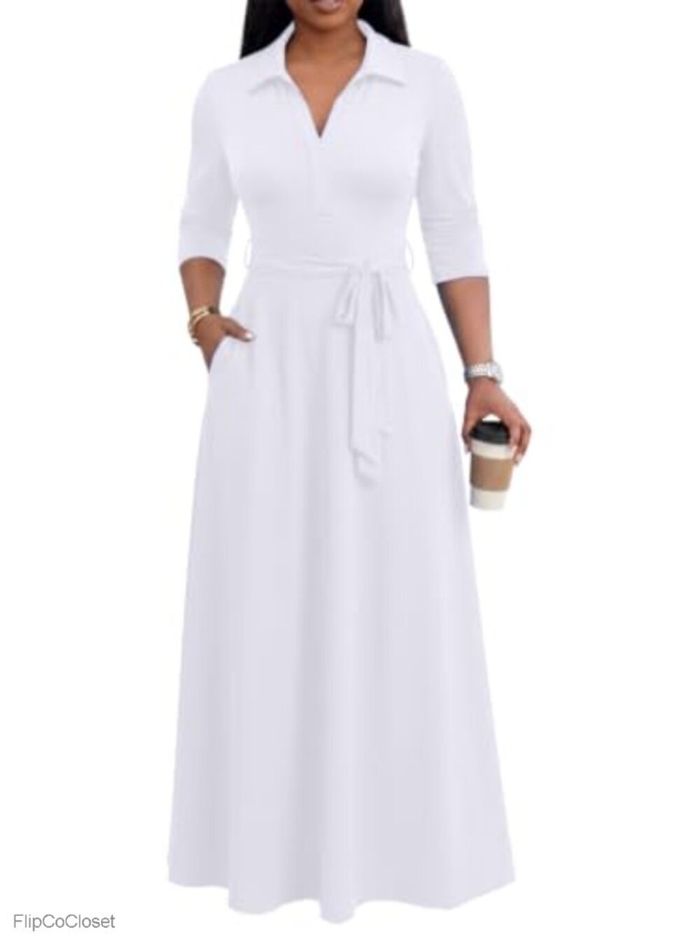 Women's V-Neck 3/4 Sleeve Maxi Dress with Pockets, Semi Formal